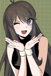 1girl 235pkm :d arms_up blue_eyes breasts brown_hair creatures_(company) dot_nose game_freak green_(pokemon) green_background grid_background highres long_hair nintendo one_eye_closed open_mouth pokemon pokemon_adventures simple_background smile solo