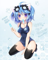 Rule 34 | 1girl, :3, ahoge, animal ear legwear, animal ears, bare arms, bare shoulders, between legs, black-framed eyewear, black thighhighs, blue hair, blue one-piece swimsuit, blush, breasts, cat ear legwear, cat ears, cleavage, collar, collarbone, covered navel, food, full body, furrowed brow, goggles, goggles on head, hand between legs, holding, holding food, jitome, looking at viewer, medium breasts, mouth hold, one-piece swimsuit, original, paw print, paw print background, popsicle, purple eyes, ratise, school swimsuit, shiny skin, short hair, sitting, solo, swimsuit, thighhighs, translation request, wariza