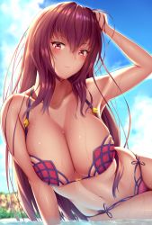 Rule 34 | 1girl, arm support, beach, bikini, breasts, cleavage, day, fate/grand order, fate (series), hair between eyes, hand in own hair, highres, large breasts, leaning forward, long hair, looking at viewer, lying, navel, on side, outdoors, partially submerged, purple bikini, purple hair, red eyes, scathach (fate), scathach (fate), scathach (swimsuit assassin) (fate), side-tie bikini bottom, skindentation, solo, swimsuit, twisted torso, wet, zukky