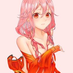 Rule 34 | 1girl, blush, breasts, cleavage, covering privates, covering breasts, detached sleeves, elbow gloves, fingerless gloves, gloves, guilty crown, hair ornament, hairclip, highres, long hair, looking at viewer, medium breasts, navel, pink hair, red eyes, sarina (tosiyukiryousuke), solo, topless, twintails, yuzuriha inori