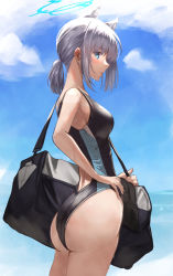 Rule 34 | 1girl, animal ear fluff, animal ears, ass, bag, blue archive, blue eyes, blue halo, breasts, competition swimsuit, cowboy shot, duffel bag, ear piercing, extra ears, from side, grey hair, halo, highres, looking at viewer, medium breasts, medium hair, nape, one-piece swimsuit, open mouth, piercing, profile, shiroko (blue archive), short ponytail, sideboob, sideways glance, sky, swimsuit, wolf ears, yoshimoto (carpsukidayo)