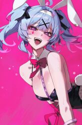 Rule 34 | 1girl, absurdres, animal ears, bare shoulders, black leotard, blue eyes, blue hair, blush, bow, bowtie, breasts, commentary, detached collar, fake animal ears, fake tail, fangs, hatsune miku, heart, heart-shaped pupils, highres, leotard, looking at viewer, maenoo, medium breasts, open mouth, pink background, rabbit ears, rabbit hole (vocaloid), rabbit tail, red bow, red bowtie, simple background, solo, symbol-only commentary, symbol-shaped pupils, tail, teeth, twintails