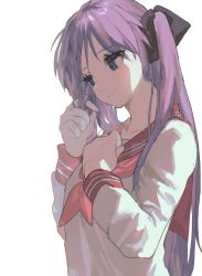 Rule 34 | 1girl, absurdres, black ribbon, blue eyes, closed mouth, commentary request, hair ribbon, twirling hair, highres, hiiragi kagami, long hair, long sleeves, lucky star, neckerchief, pink neckerchief, pink sailor collar, purple hair, ribbon, ryouou school uniform, sailor collar, school uniform, serafuku, simple background, solo, tachibana wataru (123tsuki), twintails, upper body, white background