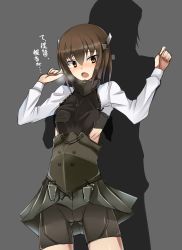 Rule 34 | 10s, 1boy, 1girl, admiral (kancolle), bad id, bad pixiv id, bike shorts, blush, brown eyes, brown hair, flat chest, grabbing, grabbing from behind, groping, headband, headgear, hetero, kantai collection, kotohane, open mouth, personification, pleated skirt, short hair, silhouette, skirt, taihou (kancolle), translation request
