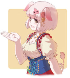 Rule 34 | 1girl, animal ears, blue corset, blush, commentary request, corset, dirndl, dress, flower, frilled suspenders, german clothes, hair flower, hair ornament, highres, kemono friends, kemono friends 3, kosai takayuki, official alternate costume, open mouth, pig (kemono friends), pig ears, pig girl, pig hair ornament, pig nose, pig tail, pink hair, puffy short sleeves, puffy sleeves, red dress, shirt, short hair, short sleeves, solo, tail, upper body, white shirt, yellow eyes