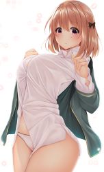 Rule 34 | 1girl, :o, black bow, blush, bow, breasts, brown hair, commentary request, green jacket, hair bow, highres, jacket, large breasts, long sleeves, looking at viewer, maehara nina, minato ojitan, navel, ochikobore fruit tart, panties, red eyes, shirt, short hair, solo, thighs, underwear, white background, white panties, white shirt