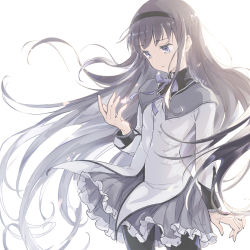 Rule 34 | 1girl, akemi homura, arm at side, backlighting, black hair, black hairband, black pantyhose, blunt bangs, capelet, clothes lift, commentary request, cowboy shot, dot nose, fingernails, flat chest, floating hair, frilled skirt, frills, glowing, grey capelet, grey skirt, hairband, half-closed eyes, hand up, high collar, highres, jitome, kinutani yutaka, long hair, long sleeves, looking down, mahou shoujo madoka magica, mahou shoujo madoka magica (anime), neck ribbon, pantyhose, parted lips, petals, pleated skirt, purple eyes, purple ribbon, ribbon, sad, see-through, simple background, skirt, skirt lift, solo, soul gem, straight hair, very long hair, white background