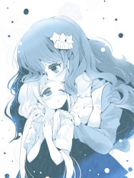 Rule 34 | 10s, 2girls, age difference, blue theme, blush, breasts, child, couple, flat chest, futaba anzu, hands on another&#039;s shoulders, hands on own chest, height difference, idolmaster, idolmaster cinderella girls, jewelry, kiss, kissing forehead, long hair, medium breasts, monochrome, moroboshi kirari, multiple girls, necklace, off shoulder, one eye closed, onee-loli, own hands together, shirt, t-shirt, usoneko, yuri