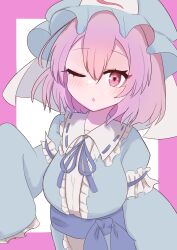 Rule 34 | 1girl, ;o, absurdres, blue hat, blue kimono, blush, border, commentary request, hat, highres, japanese clothes, kimono, looking at viewer, mob cap, one eye closed, open mouth, pink border, pink hair, saigyouji yuyuko, sash, short hair, solo, sou (sonanoka), touhou, triangular headpiece, upper body, white background