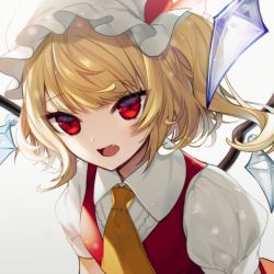 Rule 34 | 1girl, ascot, bad id, bad twitter id, blonde hair, bow, commentary request, crystal, daimaou ruaeru, fang, flandre scarlet, grey background, hat, hat bow, highres, looking at viewer, mob cap, one side up, open mouth, puffy short sleeves, puffy sleeves, red bow, red eyes, red vest, shirt, short hair, short sleeves, simple background, solo, touhou, upper body, vest, white hat, white shirt, wings, yellow ascot