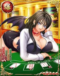 Rule 34 | 1girl, bastard!!, black hair, black skirt, blue eyes, bowtie, breast rest, breasts, card (medium), card (object), casino, cleavage, demon wings, earrings, head rest, large breasts, legs, long hair, long sleeves, looking at viewer, lying, miniskirt, mobage, poker chip, porno dianno, skirt, smile, solo, table, thighs, wings