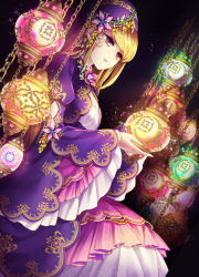 Rule 34 | 1girl, blonde hair, blurry, chain, crescent, depth of field, dress, dutch angle, eyelashes, facial mark, flower, frills, glowing, hair ornament, hat, lamp, lantern, long hair, long sleeves, parted lips, pink flower, pink lips, plant, red eyes, roman (sound horizon), sitting, solo, sound horizon, triangle, vines, violette (sound horizon), wide sleeves, yeruen