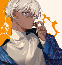 Rule 34 | 1boy, blue eyes, blue jacket, chocolate, commentary, dark-skinned male, dark skin, earrings, eyeshadow, food, hair between eyes, holding, holding chocolate, holding food, jacket, jewelry, kyouichi, long bangs, long sleeves, looking to the side, makeup, male focus, multicolored background, open clothes, open jacket, orange background, original, plaid, plaid jacket, shirt, short hair, solo, stud earrings, turtleneck, upper body, white background, white hair, white shirt
