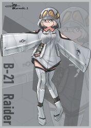 Rule 34 | 1girl, absurdres, aircraft, airplane, b-21 raider, blonde hair, blue eyes, bomb, bomber, boots, breasts, character name, clothing cutout, dress, explosive, full body, grey dress, grey footwear, grey thighhighs, highres, hood, hood up, hooded dress, mecha musume, military vehicle, original, personification, roundel, short dress, short hair, shoulder cutout, side cutout, sleeves past fingers, sleeves past wrists, small breasts, standing, teisei sagishi, thighhighs, united states air force, very long sleeves, wide sleeves, zoom layer