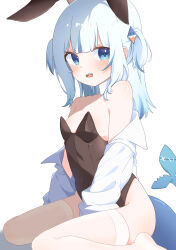 Rule 34 | 1girl, 8 nana usagi, absurdres, alternate costume, animal ears, between legs, black leotard, blue eyes, blue hair, blush, body blush, breasts, collared shirt, covered navel, detached collar, fake animal ears, fins, fish tail, gawr gura, hair ornament, hand between legs, highres, hololive, hololive english, leotard, medium hair, multicolored hair, off shoulder, playboy bunny, see-through, see-through thighhighs, shark girl, shark hair ornament, shark tail, sharp teeth, shirt, shoulder blush, sitting, small breasts, soles, stitched tail, strapless, strapless leotard, streaked hair, tail, teeth, thighhighs, thighs, two side up, virtual youtuber, wariza, white shirt, white thighhighs