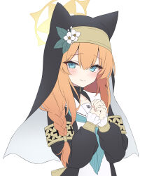 Rule 34 | 1girl, absurdres, animal ear headwear, azuuru, blue archive, blue eyes, blush, closed mouth, coif, fake animal ears, flower, habit, halo, hat, hat flower, highres, long hair, long sleeves, looking at viewer, mari (blue archive), nun, orange hair, simple background, solo, upper body, white background, white flower, yellow halo