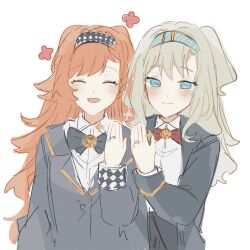 Rule 34 | 2girls, black bow, black bowtie, black jacket, blue eyes, blush, bow, bowtie, braid, checkered clothes, checkered hairband, closed eyes, closed mouth, collared shirt, commentary, english commentary, grey hair, hairband, highres, jacket, jewelry, long hair, long sleeves, looking at viewer, matilda bouanich, multiple girls, nelizx, one side up, open mouth, orange hair, red bow, red bowtie, reverse:1999, ring, shirt, side braid, simple background, smile, sonetto (reverse:1999), star ornament, upper body, wedding ring, white background, yuri