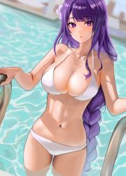 Rule 34 | 1girl, absurdres, bare arms, bare shoulders, bikini, blush, braid, breasts, city, cleavage, commentary request, fankey, flower, genshin impact, hair flower, hair ornament, halterneck, highres, large breasts, lips, long hair, looking at viewer, low-braided long hair, low-tied long hair, makeup, mole, mole under eye, navel, open mouth, photo-referenced, pool, purple eyes, purple hair, raiden shogun, solo, swimming, swimsuit, thighs, water, wet, wet clothes, wet hair, wet swimsuit, white bikini