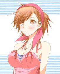 Rule 34 | 1girl, bare shoulders, blush, breasts, brown eyes, brown hair, camisole, collarbone, dress, female focus, jewelry, large breasts, looking at viewer, matching hair/eyes, devil survivor, megami tensei, necklace, pink camisole, pout, solo, star (symbol), strapless, strapless dress, tanigawa yuzu, upper body