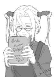 Rule 34 | 1girl, baiola, book, dated, dress, glasses, greyscale, hair between eyes, highres, long hair, long sleeves, looking at viewer, monochrome, robin sena, signature, simple background, solo, twintails, white background, witch hunter robin
