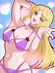 Rule 34 | 1girl, arm behind head, armpit hair, bikini, blonde hair, blue eyes, blush, breasts, cleavage, fatal fury, garou: mark of the wolves, highres, jenet behrn, large breasts, legs, long hair, looking at viewer, navel, open mouth, outstretched arm, purple bikini, purple eyes, smile, solo, swimsuit, the king of fighters, thighs