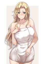 Rule 34 | 1girl, blonde hair, blue eyes, blush, breasts, closed mouth, collarbone, cowboy shot, highres, hornet (kancolle), jewelry, kantai collection, kuurunaitsu, large breasts, long hair, looking at viewer, naked towel, ring, smile, solo, standing, towel