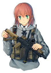 Rule 34 | 1girl, brown hair, earpiece, foregrip, green eyes, gun, holding, holding gun, holding weapon, hood, hoodie, load bearing vest, long hair, mas-38, original, rico (remilia), solo, submachine gun, upper body, weapon, weapon request, white background