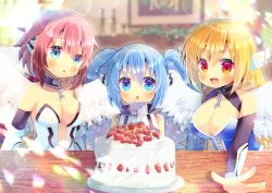 Rule 34 | 3girls, :d, :o, astraea (sora no otoshimono), bare shoulders, black sleeves, blonde hair, blue dress, blue eyes, blue hair, blurry, blurry background, breasts, broken, broken chain, cake, chain, chestnut mouth, cleavage, collar, commentary request, depth of field, detached sleeves, dress, feathered wings, food, fruit, hair between eyes, ikaros, indoors, kou hiyoyo, large breasts, long sleeves, looking at viewer, medium breasts, metal collar, multiple girls, nymph (sora no otoshimono), open mouth, parted lips, pink hair, red eyes, sleeveless, sleeveless dress, smile, sora no otoshimono, strapless, strapless dress, strawberry, table, twintails, upper body, v-shaped eyebrows, white dress, white wings, wings