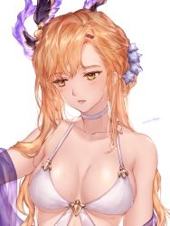 Rule 34 | 1girl, asymmetrical bangs, bare shoulders, bikini, choker, collarbone, commentary request, granblue fantasy, hair ornament, hairband, highres, long hair, michudx, orange hair, parted lips, pink lips, signature, simple background, solo, swimsuit, tweyen (eternal&#039;s summer vacation) (granblue fantasy), tweyen (granblue fantasy), wet, white background, white choker, yellow eyes