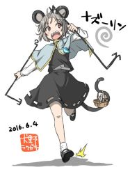 Rule 34 | 10s, 1girl, 2016, animal ears, basket, capelet, dated, dowsing rod, full body, grey hair, grey skirt, grey vest, holding, holding with tail, inuno rakugaki, jewelry, long sleeves, mary janes, mouse (animal), mouse ears, mouse tail, nazrin, open mouth, pendant, prehensile tail, red eyes, running, shoes, short hair, simple background, skirt, skirt set, socks, solo, tail, touhou, vest, wavy mouth, white background
