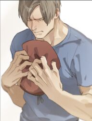 Rule 34 | 1boy, bad source, blonde hair, blue shirt, closed eyes, closed mouth, crying, highres, leon s. kennedy, muscular, muscular male, resident evil, shirt, tatsumi (psmhbpiuczn), white background