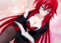 Rule 34 | 10s, 1girl, blue eyes, bra, breasts, cleavage, female focus, glasses, gradient background, high school dxd, highres, large breasts, lipstick, long hair, makeup, panties, red hair, red panties, rias gremory, sitting, solo, stitched, third-party edit, underwear