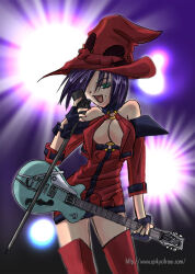 Rule 34 | 1girl, bare shoulders, boots, breasts, cleavage, fingerless gloves, gloves, green eyes, guilty gear, guilty gear x, guitar, hat, holding, holding guitar, holding instrument, holding microphone, i-no, instrument, kinomin, lowres, medium breasts, microphone, microphone stand, miniskirt, non-web source, purple hair, skirt, solo, thigh boots, witch hat