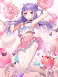 Rule 34 | 1girl, absurdres, armpits, arms up, azur lane, balloon, bare arms, bare shoulders, blurry, breasts, cheerleader, closed mouth, crop top, crop top overhang, floating hair, foka (beginner), hair bun, highres, holding, holding pom poms, long hair, looking at viewer, medium breasts, midriff, miniskirt, neckerchief, pantyhose, pink skirt, pleated skirt, pom pom (cheerleading), pom poms, purple eyes, purple hair, sailor collar, shirt, shoes, side bun, simple background, single hair bun, single side bun, skirt, sleeveless, sleeveless shirt, smile, sneakers, solo, stuffed winged unicorn, thighband pantyhose, unicorn (azur lane), white background, white pantyhose, white shirt