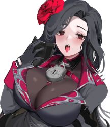 Rule 34 | 1girl, absurdres, black coat, black gloves, black hair, black mask, blush, bodystocking, breasts, cleavage, coat, collar, flower, gloves, goddess of victory: nikke, hair flower, hair ornament, highres, holding, holding mask, large breasts, lock, long hair, looking at viewer, maiden (nikke), mask, unworn mask, mindoll, multicolored coat, open mouth, parted bangs, red coat, red eyes, red flower, saliva, shoulder spikes, solo, spikes, teeth, tongue, tongue out, upper body, upper teeth only
