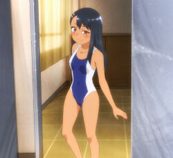 Rule 34 | 1girl, black hair, blue one-piece swimsuit, blush, breasts, brown hair, collarbone, dark-skinned female, dark skin, hair ornament, hairclip, highres, ijiranaide nagatoro-san, long hair, looking at viewer, nagatoro hayase, one-piece swimsuit, school swimsuit, screencap, small breasts, smile, stitched, swimsuit, tan, third-party edit, two-tone swimsuit, white one-piece swimsuit