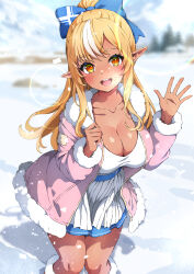 Rule 34 | 1girl, absurdres, blonde hair, blue bow, blurry, blurry background, blush, boots, bow, breasts, cleavage, coat, commentary, dark-skinned female, dark elf, dark skin, day, elf, feet out of frame, fur-trimmed boots, fur-trimmed coat, fur trim, hair bow, hands up, high ponytail, highres, hololive, isakoro (hx9cj), large breasts, lens flare, long hair, long sleeves, looking at viewer, multicolored hair, open clothes, open coat, open mouth, orange eyes, outdoors, pink coat, pleated skirt, pointy ears, shiranui flare, shirt, skirt, smile, snow, solo, standing, streaked hair, teeth, upper teeth only, virtual youtuber, waving, white hair, white shirt, white skirt