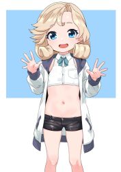 Rule 34 | 1girl, alternate costume, asymmetrical bangs, black shorts, blonde hair, blue background, blue bow, blue bowtie, blue eyes, bow, bowtie, breast pocket, commentary request, cowboy shot, crop top, denim, denim shorts, hood, hoodie, janus (kancolle), kantai collection, looking at viewer, midriff, nassukun, navel, open clothes, open hands, open hoodie, open mouth, paid reward available, pocket, rectangle, shirt, short hair, short shorts, shorts, simple background, sleeveless, sleeveless shirt, smile, solo, straight-on, two-tone background, white background, white hoodie, white shirt