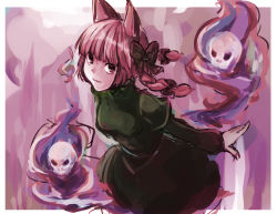Rule 34 | 1girl, animal ears, blunt bangs, bow, braid, breasts, cat ears, cat tail, dress, eyebrows hidden by hair, green dress, hair bow, highres, hitodama, kaenbyou rin, looking at viewer, medium breasts, mr.milk caramel, multiple tails, purple background, red eyes, red hair, simple background, skull, solo, tail, touhou, twin braids