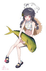 Rule 34 | 1girl, absurdres, ahoge, animal, bikini, black hair, blue archive, blush, braid, crocs, cyan yu, dated, fish, flat chest, flying sweatdrops, full body, halo, hat, hat on back, highres, holding, holding animal, holding fish, invisible chair, leaf, leaf on head, leaf print, long hair, looking at viewer, mahi-mahi, miyu (blue archive), miyu (swimsuit) (blue archive), open mouth, red eyes, signature, simple background, sitting, solo, starfish, straw hat, sweat, swimsuit, tears, twin braids, white background