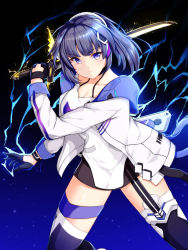 Rule 34 | 1girl, blush, boots, braid, breasts, cleavage, coat, collarbone, dress, electricity, garter straps, gloves, hair ornament, highres, holding, holding sword, holding weapon, honkai (series), honkai impact 3rd, hood, hood down, hooded coat, large breasts, long hair, looking at viewer, open clothes, open coat, pelvic curtain, ponytail, purple eyes, purple hair, raiden mei, raiden mei (striker fulminata), sidelocks, single garter strap, skirt under dress, sleeve cuffs, smile, solo, sword, thigh boots, thighhighs, weapon, wsman