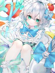 Rule 34 | 1girl, absurdres, blue bow, blue bowtie, bow, bowtie, closed mouth, earrings, green eyes, hair bow, hair ornament, highres, jewelry, looking at viewer, morino wako, original, short sleeves, sitting, socks, solo, white hair, white socks