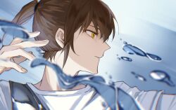 Rule 34 | 1boy, brown hair, chinese commentary, hand up, high ponytail, highres, korean commentary, looking away, male focus, parted lips, ponytail, shirt, sideways, solo, tower of god, twenty-fifth bam, water, white shirt, yellow eyes, zayaaa zaya