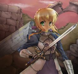 Rule 34 | 00s, 1girl, ahoge, armor, artoria pendragon (fate), blonde hair, fate/stay night, fate (series), green eyes, saber (fate), solo, sword, weapon