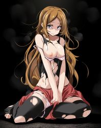 Rule 34 | 1girl, bare arms, between legs, black background, black shirt, black thighhighs, blue eyes, bra, bra pull, breasts, brown hair, closed mouth, clothes pull, collarbone, covering crotch, covering privates, creatures (company), full body, game freak, hair between eyes, hand between legs, highres, long hair, looking at viewer, medium breasts, messy hair, midriff, nintendo, nipples, panties, panties around leg, pink bra, pokemon, pokemon xy, red skirt, serena (pokemon), shiny skin, shirt, sitting, skirt, solo, stomach, straight hair, thighhighs, toenails, torn clothes, torn shirt, torn skirt, torn thighhighs, tsukishiro saika, underwear, very long hair, white panties