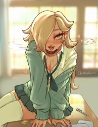 Rule 34 | 1girl, alternate costume, artist name, blonde hair, blurry, blurry background, blush, breasts, chiffonfae, cleavage, condom, condom wrapper, depth of field, desk, earrings, green eyes, green jacket, green nails, green necktie, green skirt, hair over one eye, heavy breathing, highres, indoors, jacket, jewelry, long hair, looking at viewer, loose clothes, loose necktie, loose shirt, mario (series), medium breasts, necktie, nintendo, on desk, open mouth, paper, pen, pleated skirt, rosalina, school desk, school uniform, shirt, sitting, on desk, skirt, solo, super mario galaxy, teeth, thighhighs, tongue, tongue out, upper teeth only, watermark, white shirt, white thighhighs