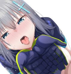 Rule 34 | 1girl, blue archive, blue eyes, blue gloves, blush, chicke iii, cross hair ornament, cupping hands, earrings, from behind, gloves, grey hair, hair between eyes, hair ornament, highres, jewelry, looking at viewer, official alternate costume, open mouth, own hands together, saliva, shiroko (blue archive), shiroko (cycling) (blue archive), solo, tongue, tongue out, waiting for cum