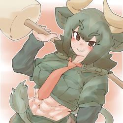 Rule 34 | 1girl, abs, animal ears, arm at side, aurochs (kemono friends), brown eyes, brown hair, camouflage, camouflage shirt, cow ears, cow girl, cow horns, cow tail, cropped shirt, dutch angle, eyelashes, green hair, grin, hand up, highres, holding, holding weapon, horizontal pupils, horns, kemono friends, layered sleeves, long sleeves, looking at viewer, medium hair, midriff, multicolored hair, muscular, muscular female, necktie, niboshi (niboshi aruku), over shoulder, pantyhose, parted bangs, polearm, print shirt, shirt, short over long sleeves, short sleeves, skirt, smile, solo, stomach, tail, tan, upper body, weapon, weapon over shoulder