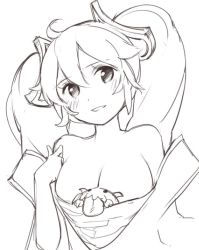 Rule 34 | 1girl, breasts, cleavage, ejami, large breasts, league of legends, long hair, looking at viewer, monochrome, open mouth, simple background, smile, solo, sona (league of legends), twintails, white background