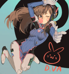Rule 34 | 1girl, animal print, arm up, armor, bad id, bad pixiv id, bodysuit, boots, breasts, brown eyes, brown hair, blowing bubbles, character name, chewing gum, d.va (overwatch), facepaint, facial mark, finger gun, gloves, headphones, high collar, long hair, one eye closed, otuming, overwatch, overwatch 1, pilot suit, pointing, rabbit, rabbit print, shoulder pads, small breasts, solo, thigh boots, thigh gap, thighhighs, turtleneck, whisker markings, white footwear, white gloves